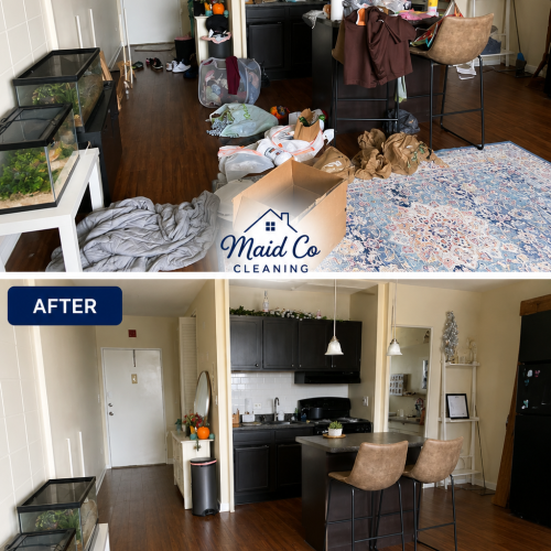 Cleaner wiping kitchen counters before weekend guests arrive at busy Oklahoma City home