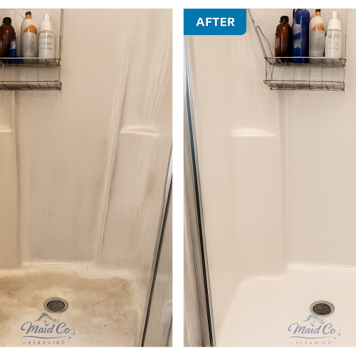 Experienced cleaner detailing bathroom fixtures and corners with organized professional cleaning tools