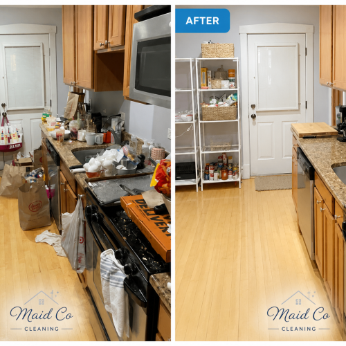 Experienced cleaner detailing bathroom fixtures and corners with organized professional cleaning tools