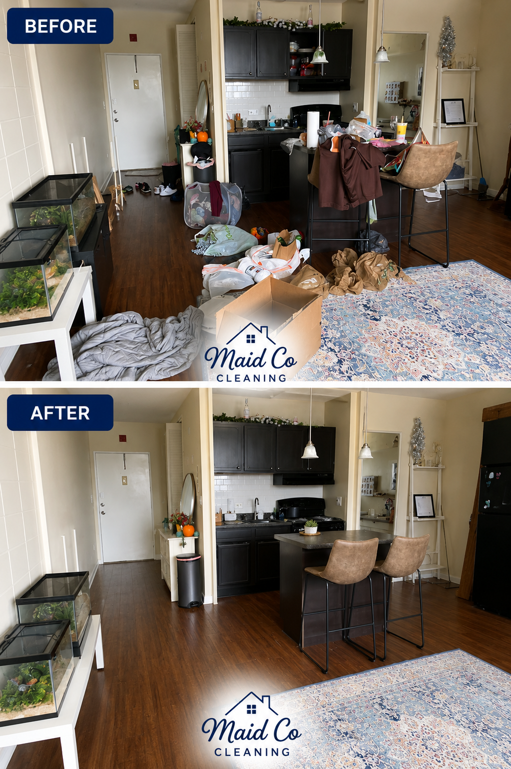 Cleaner wiping kitchen counters before weekend guests arrive at busy Oklahoma City home
