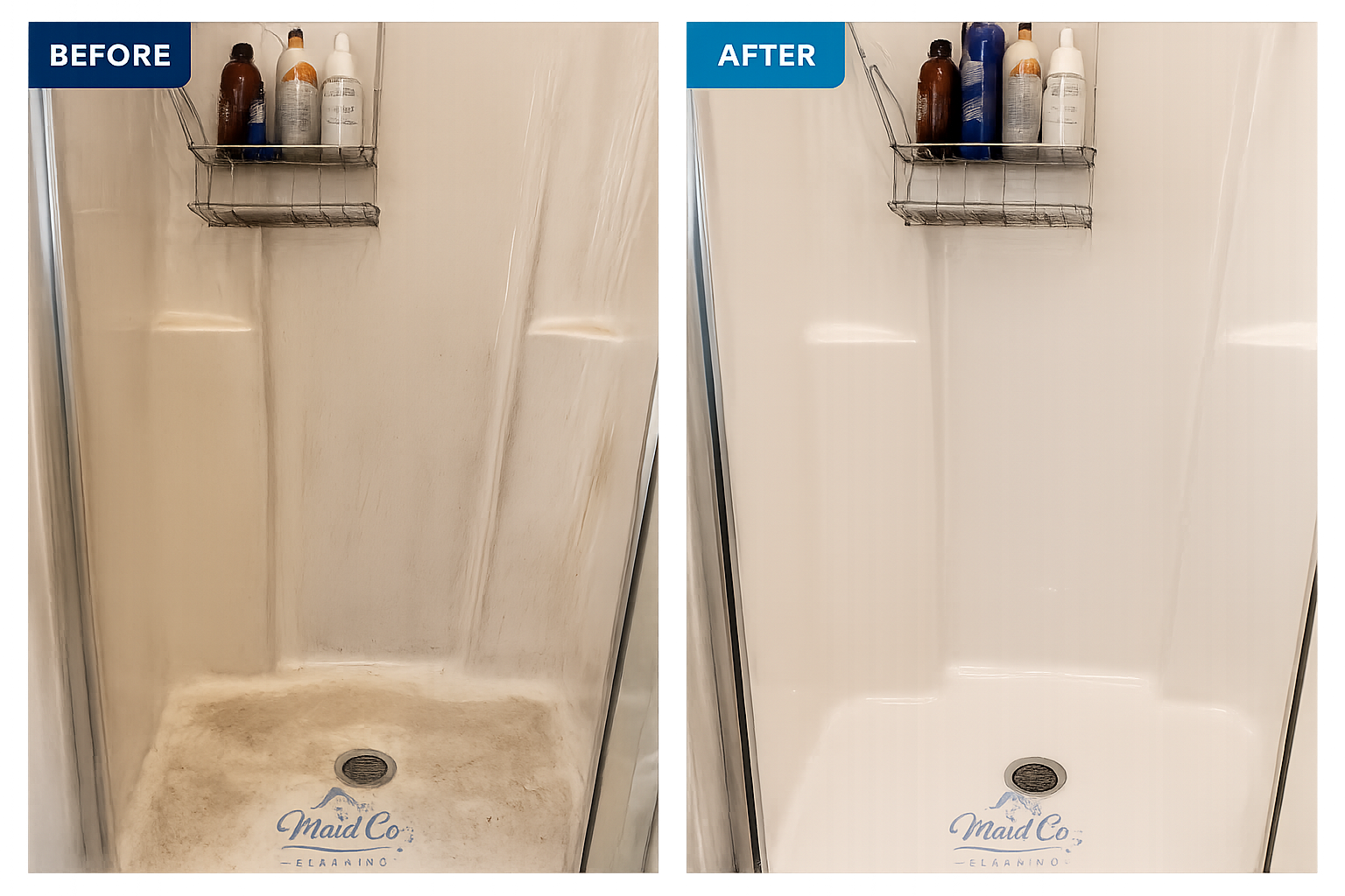 Experienced cleaner detailing bathroom fixtures and corners with organized professional cleaning tools