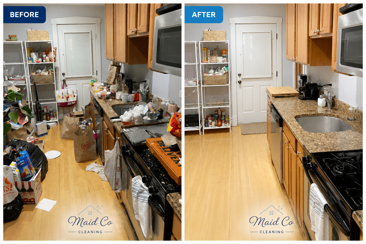 Experienced cleaner detailing bathroom fixtures and corners with organized professional cleaning tools